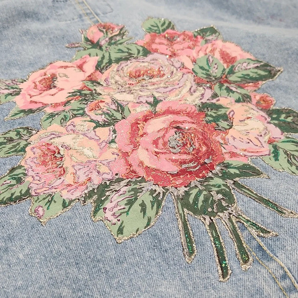 VINTAGE Y2K 80s LOGISTIX Floral Applicay Oversized  Crop Jean JACKET Women's M - Picture 3 of 5